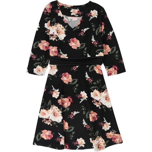 Homeyee Womens V-Neck Floral Print A-line Dress, Black, NWT - Picture 1 of 1